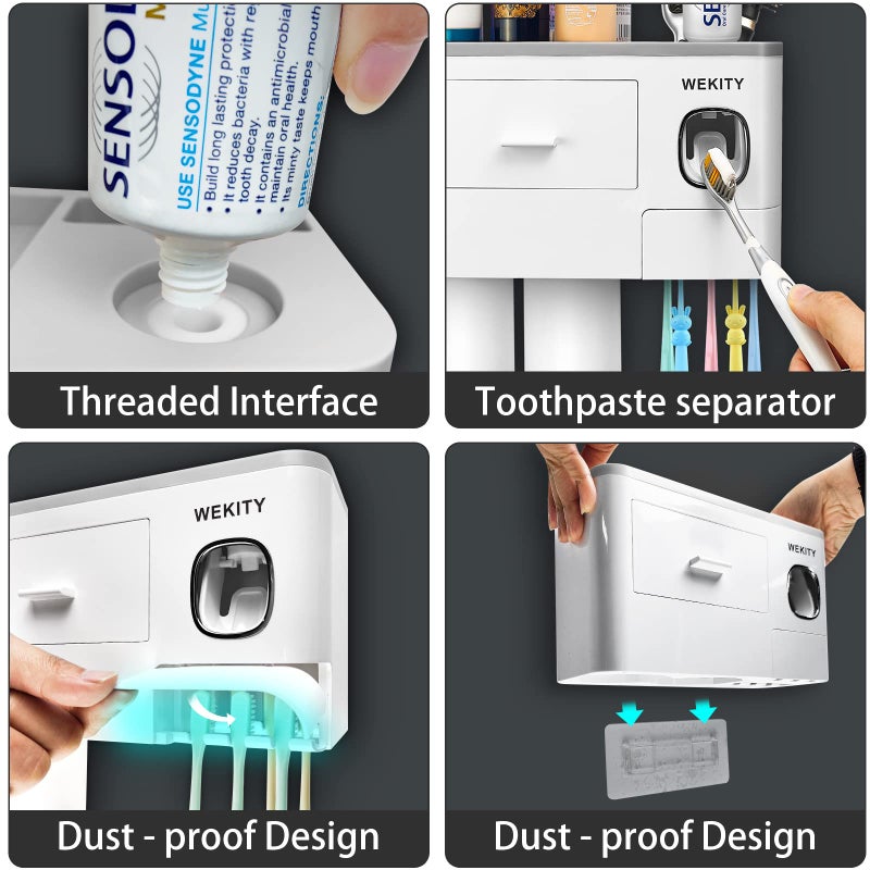Wekity Multifunctional Wall-Mounted Toothbrush Holder, Automatic Toothpaste Dispenser Space Saving Toothbrush and Toothpaste Holder, with 2 Cups and Drawers Cosmetic Organizer(Grey) - Image 4
